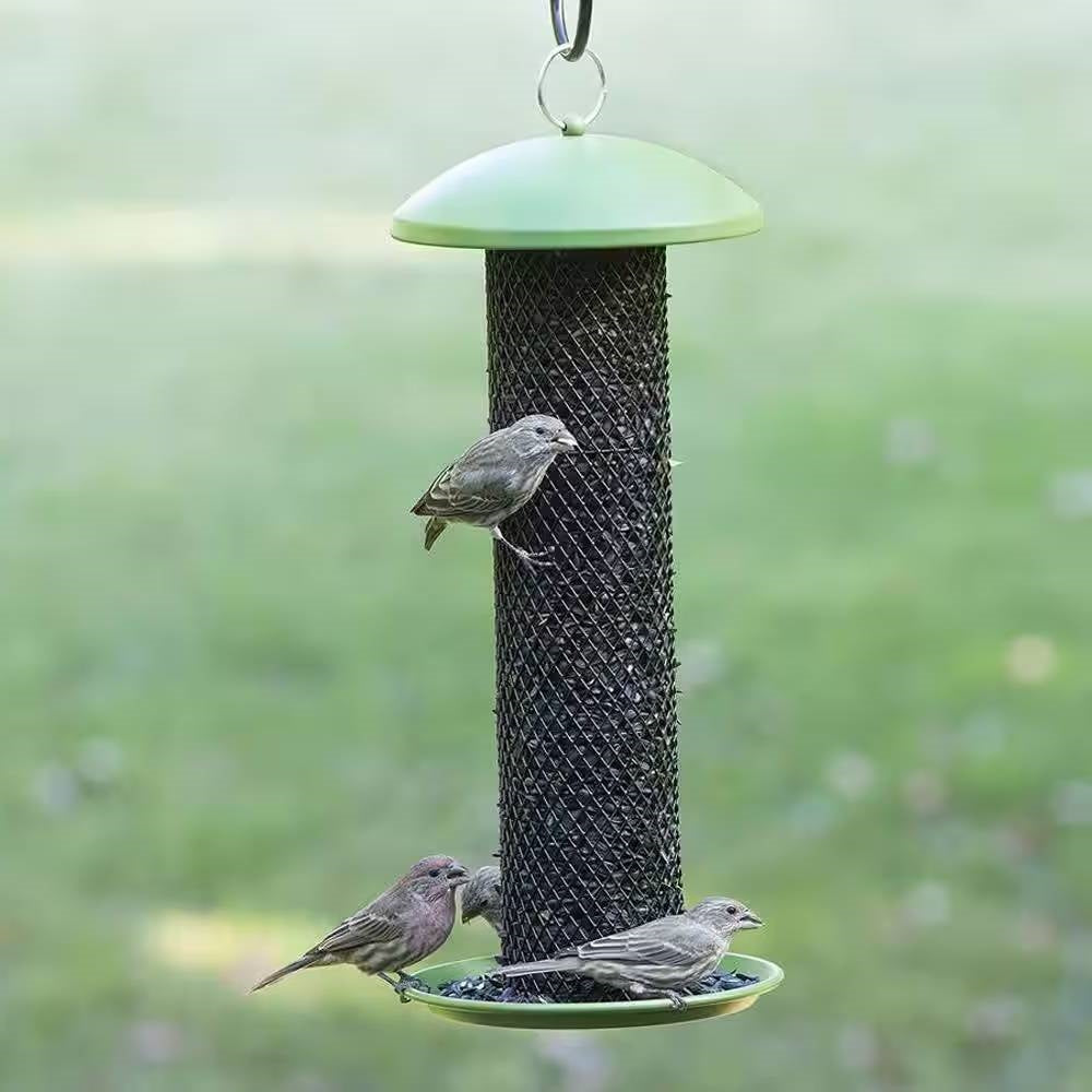 Outdoor Metal Mesh Tube Hanging Bird Feeder with Green Top and Perch - Tampa Home & Garden Store