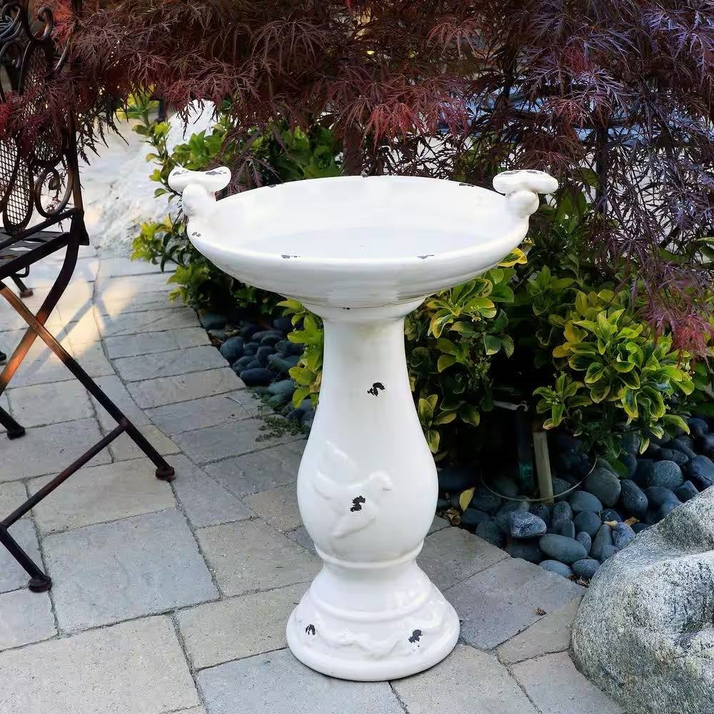 Outdoor Off-White Ceramic Birdbath in Light-Brown Antique Finish - Tampa Home & Garden Store