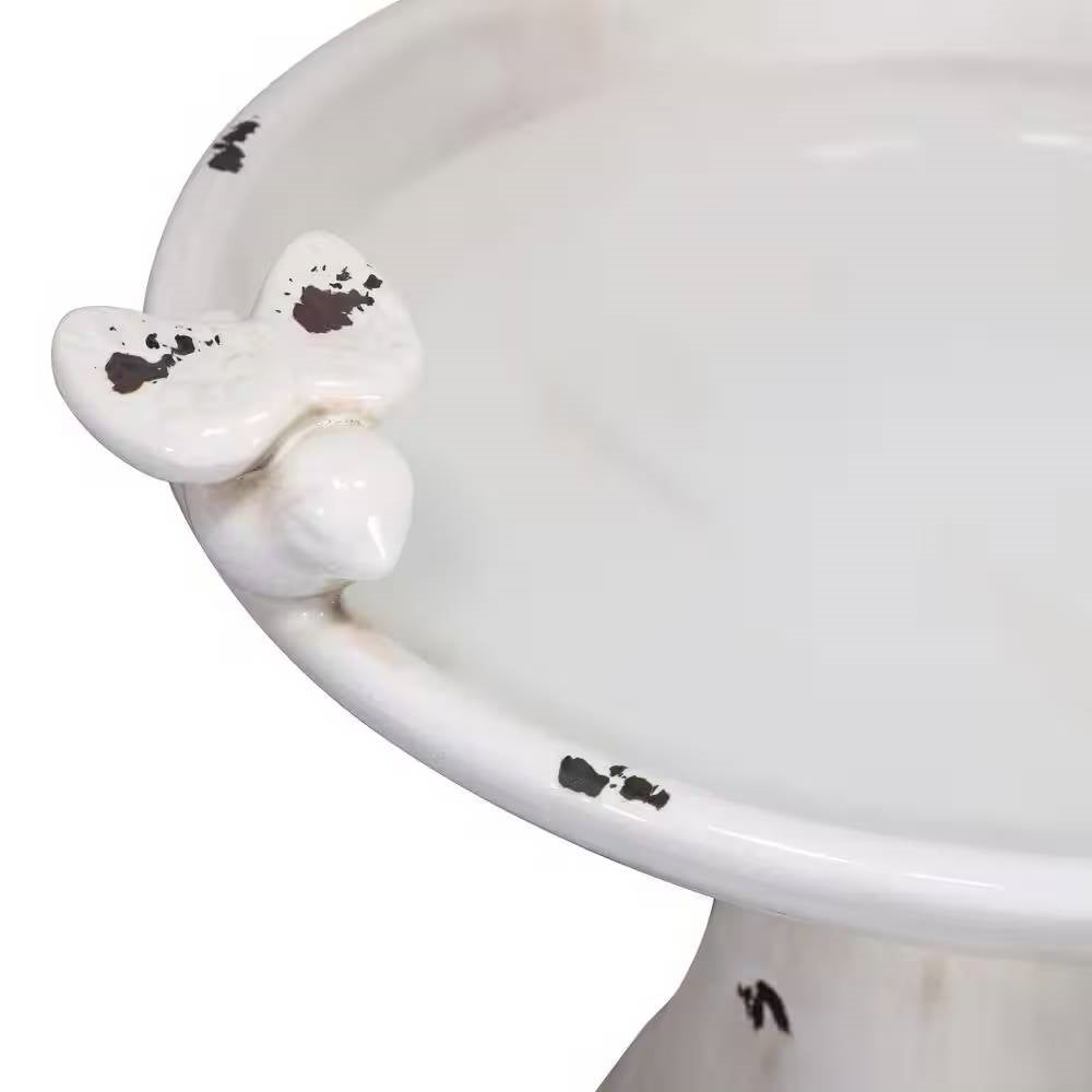 Outdoor Off-White Ceramic Birdbath in Light-Brown Antique Finish - Tampa Home & Garden Store