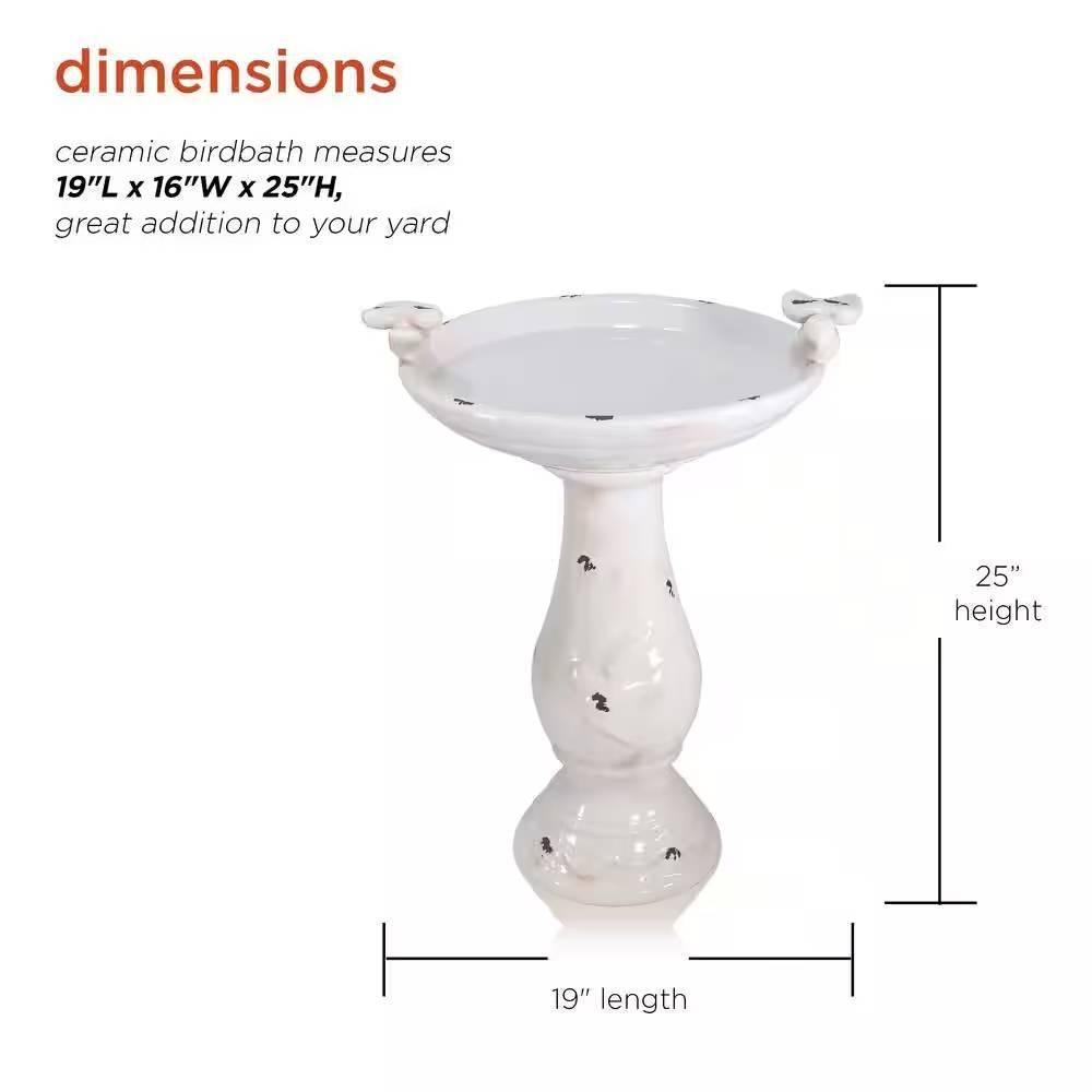Outdoor Off-White Ceramic Birdbath in Light-Brown Antique Finish - Tampa Home & Garden Store