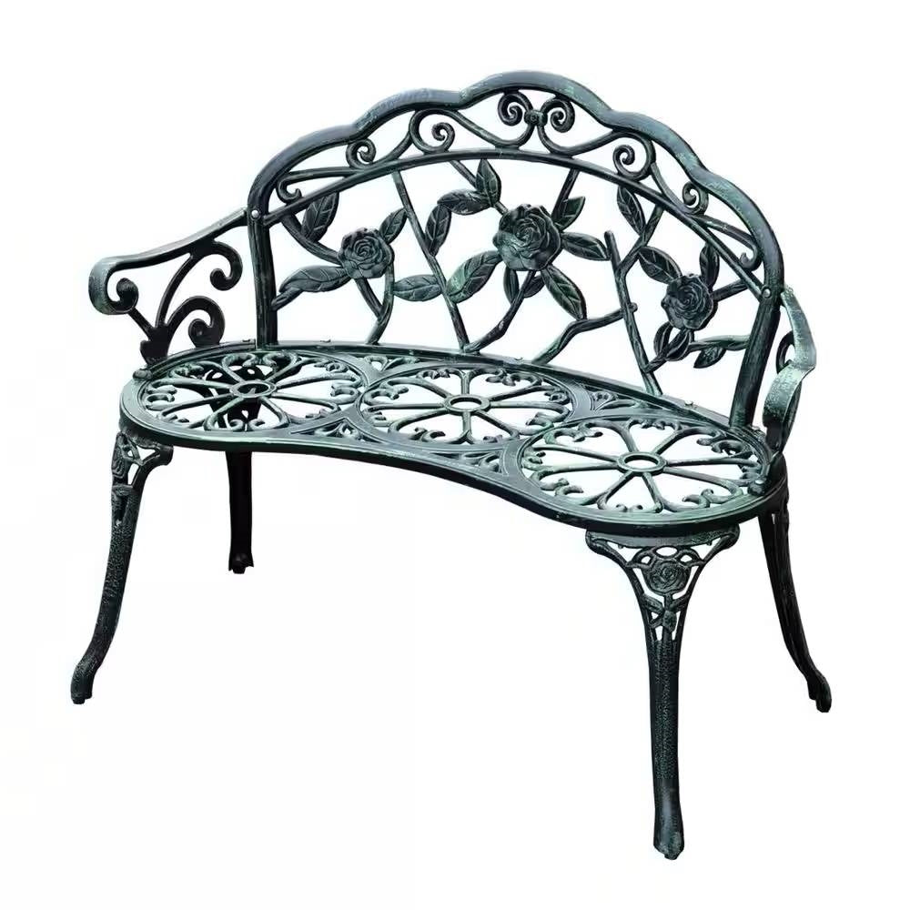 Outdoor Patio 40-inch Garden Bench with Backrest in Antique Green Metal Finish - Tampa Home & Garden Store