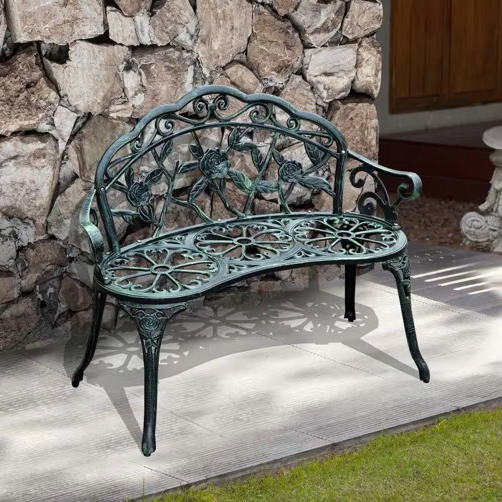 Outdoor Patio 40-inch Garden Bench with Backrest in Antique Green Metal Finish - Tampa Home & Garden Store
