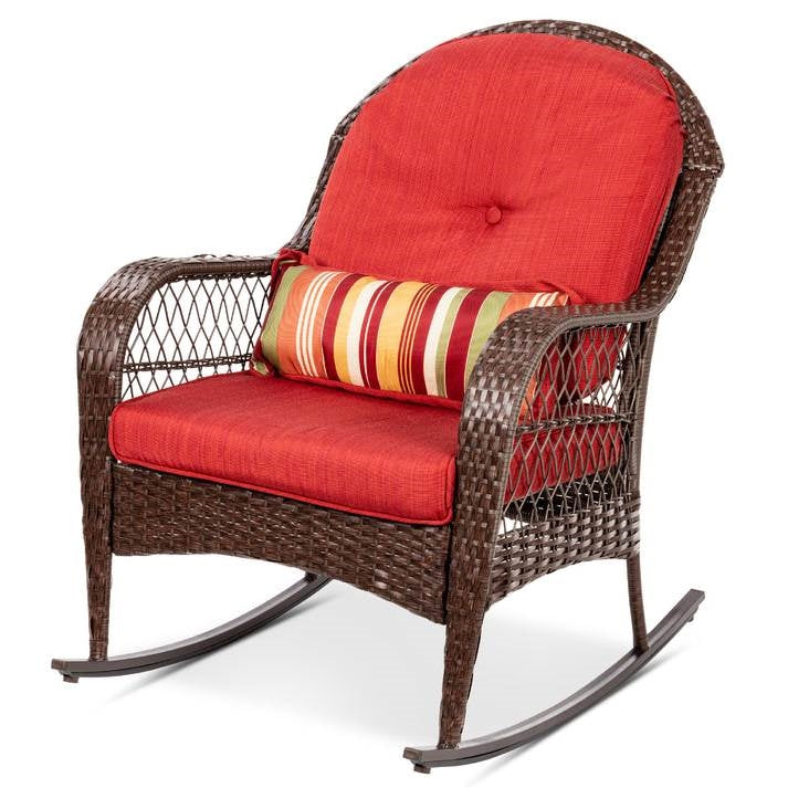 Outdoor Patio Brown Wicker Rocking Chair with Red Cushions and Accent Pillow - Tampa Home & Garden Store