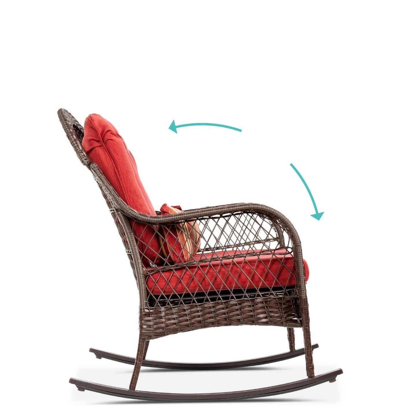 Outdoor Patio Brown Wicker Rocking Chair with Red Cushions and Accent Pillow - Tampa Home & Garden Store