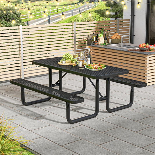 Outdoor Picnic Table and Bench Set for 8 Person with Seats and Mesh Grid-Black - Tampa Home & Garden Store