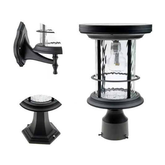 Outdoor Solar LED Light With Pole and Wall Mount 3-piece set, black finish, glass lantern on Tampa Home & Garden Store