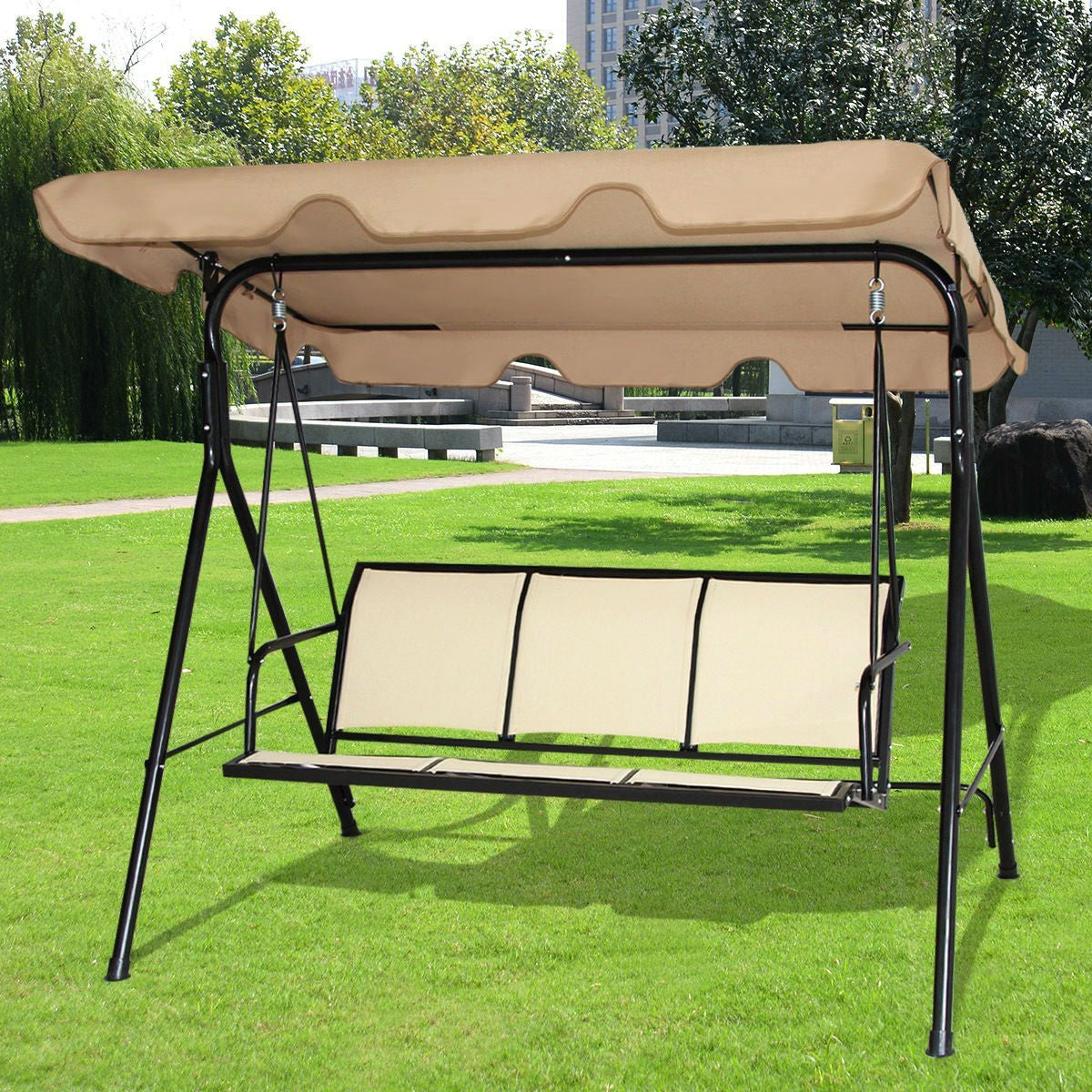 Outdoor Porch Patio 3-Person Canopy Swing in Light Brown - Tampa Home & Garden Store