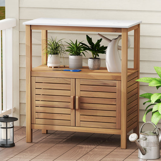 Outdoor Potting Bench Acacia Wood Garden Potting Table Planting Work Bench Station with Louvered Doors - Tampa Home & Garden Store