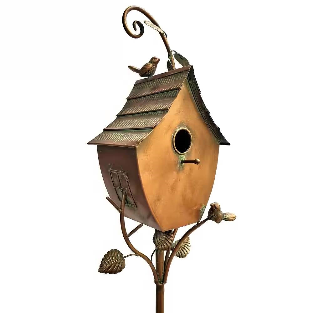 Outdoor Powder Coated Iron Birdhouse with 3-Prong Garden Stake in Copper Finish - Tampa Home & Garden Store