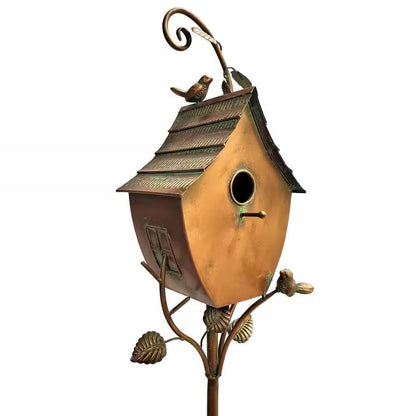 Outdoor Powder Coated Iron Birdhouse with 3-Prong Garden Stake in Copper Finish - Tampa Home & Garden Store