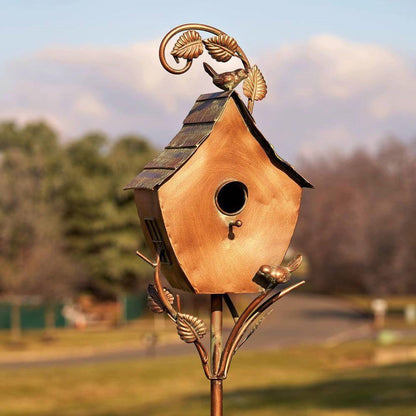 Outdoor Powder Coated Iron Birdhouse with 3-Prong Garden Stake in Copper Finish - Tampa Home & Garden Store