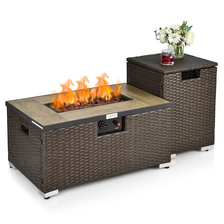 Outdoor Propane Fire Pit with Side Table Tank Holder in Brown PE Rattan - Tampa Home & Garden Store