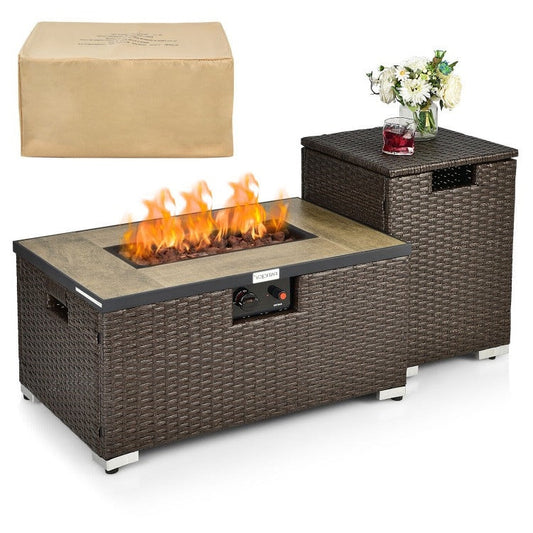 Outdoor Propane Fire Pit with Side Table Tank Holder in Brown PE Rattan - Tampa Home & Garden Store