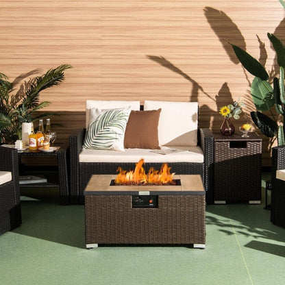 Outdoor Propane Fire Pit with Side Table Tank Holder in Brown PE Rattan - Tampa Home & Garden Store