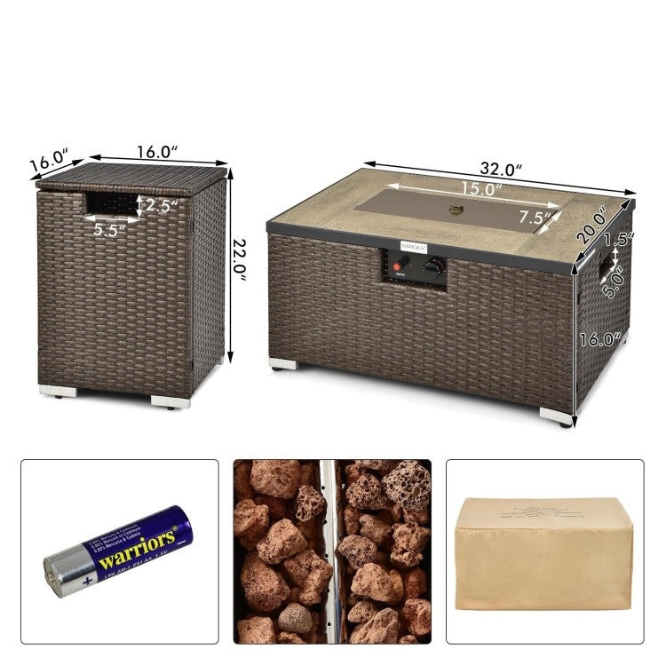 Outdoor Propane Fire Pit with Side Table Tank Holder in Brown PE Rattan - Tampa Home & Garden Store
