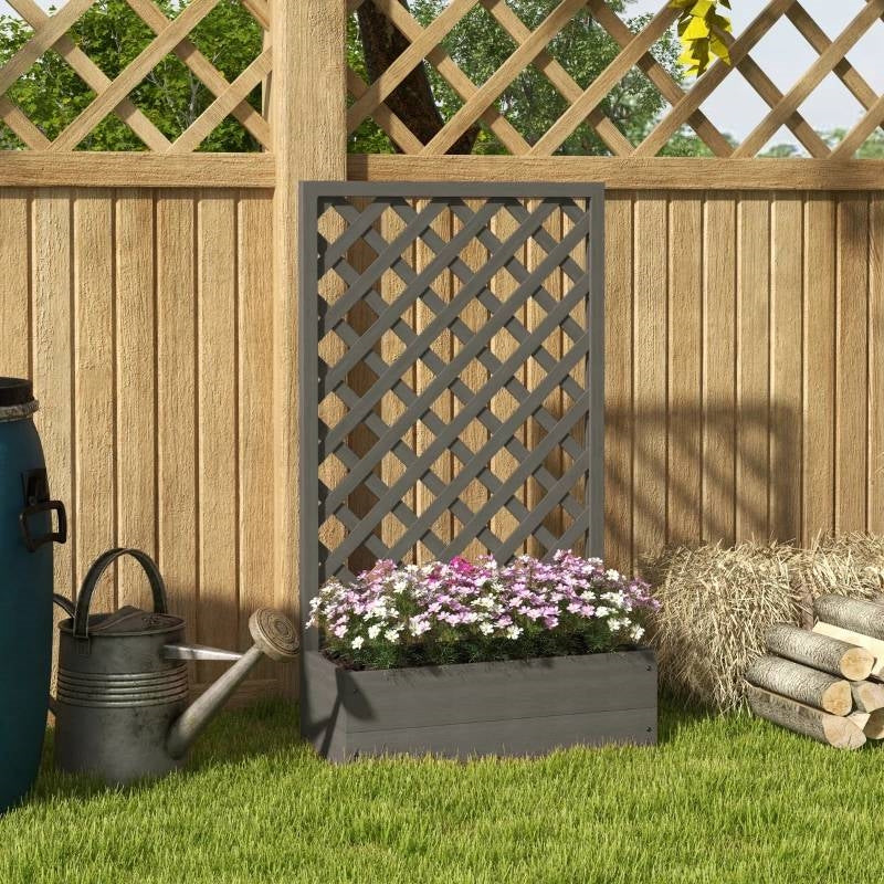 Outdoor Raised Garden Bed Planter Box with Lattice Trellis in Grey Wood Finish - Tampa Home & Garden Store