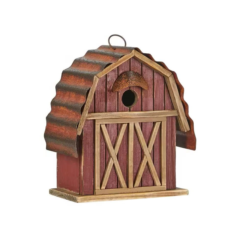 Outdoor Red Wood and Metal Barn Style Hanging Bird House - Tampa Home & Garden Store