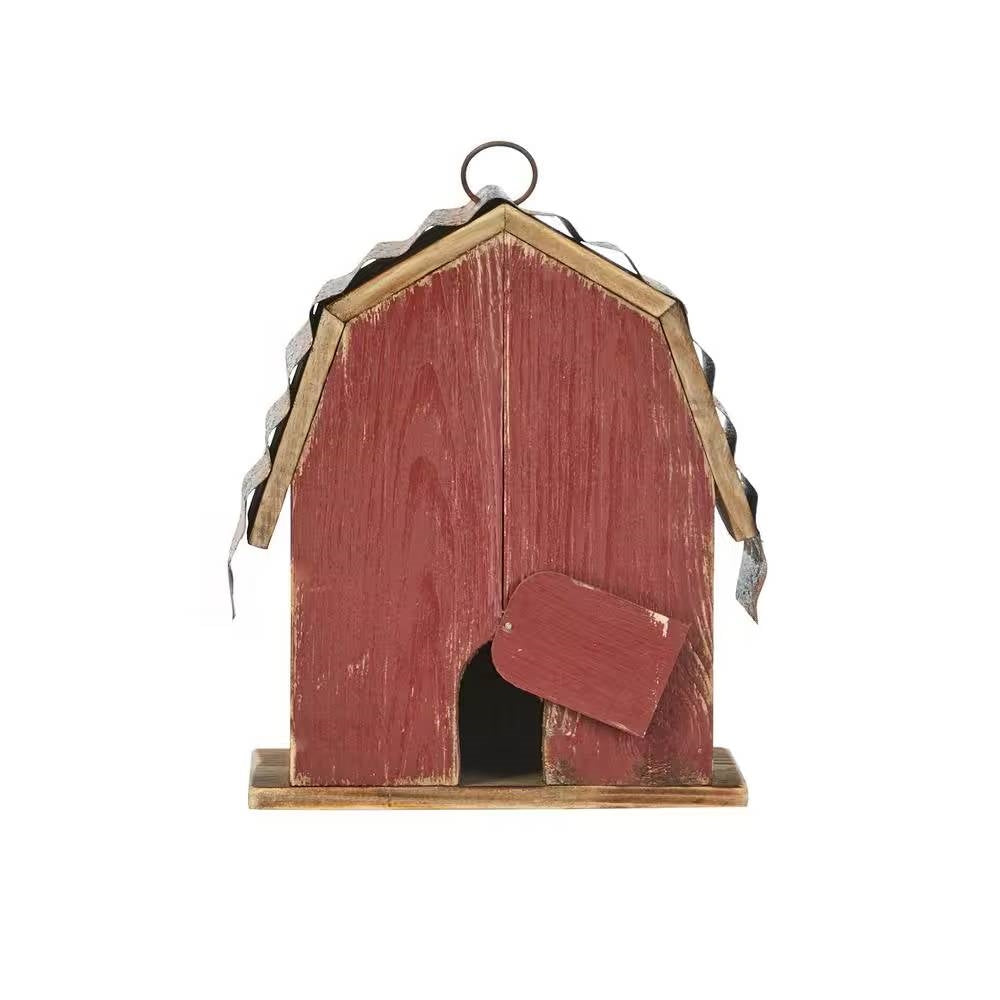 Outdoor Red Wood and Metal Barn Style Hanging Bird House - Tampa Home & Garden Store