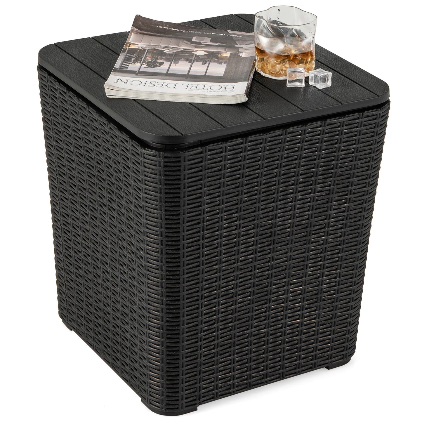 Outdoor Resin Storage Side Table with Removable Lid and Wicker-woven Accent-Black - Tampa Home & Garden Store