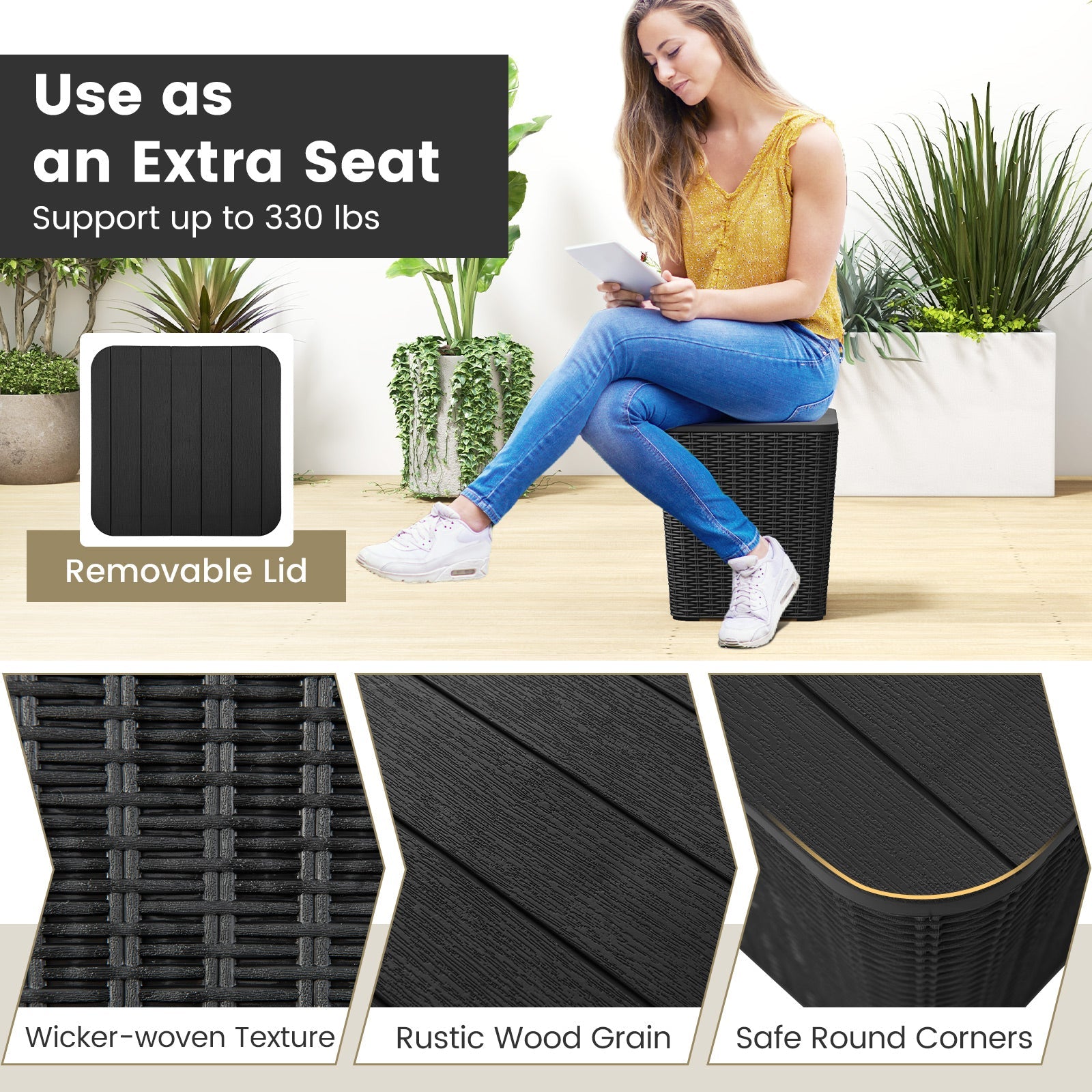 Outdoor Resin Storage Side Table with Removable Lid and Wicker-woven Accent-Black - Tampa Home & Garden Store