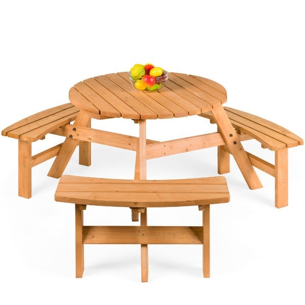 Outdoor Round Wood Picnic Table Bench Set with Umbrella Hole - Seats 6 - Tampa Home & Garden Store