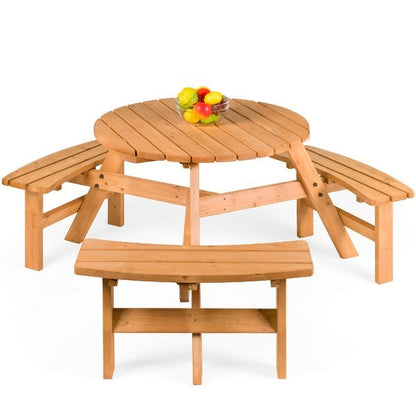 Outdoor Round Wood Picnic Table Bench Set with Umbrella Hole - Seats 6 - Tampa Home & Garden Store