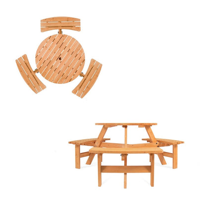 Outdoor Round Wood Picnic Table Bench Set with Umbrella Hole - Seats 6 - Tampa Home & Garden Store