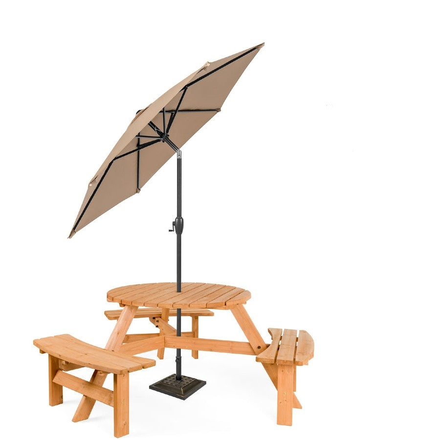 Outdoor Round Wood Picnic Table Bench Set with Umbrella Hole - Seats 6 - Tampa Home & Garden Store