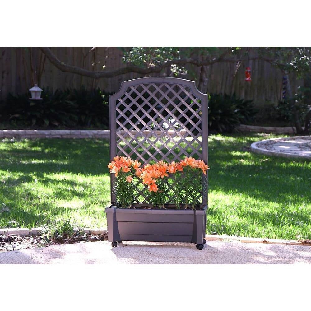 Outdoor Self-Watering Garden Planter with Trellis and Wheels in Grey Plastic - Tampa Home & Garden Store