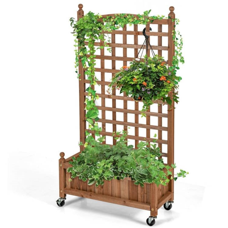 Outdoor Solid Wood Raised Garden Bed Mobile Planter Box with Trellis on Wheels - Tampa Home & Garden Store