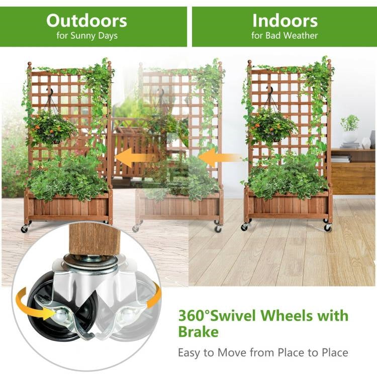 Outdoor Solid Wood Raised Garden Bed Mobile Planter Box with Trellis on Wheels - Tampa Home & Garden Store