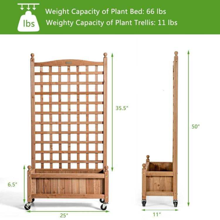 Outdoor Solid Wood Raised Garden Bed Mobile Planter Box with Trellis on Wheels - Tampa Home & Garden Store