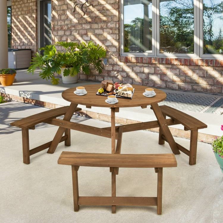 Outdoor Solid Wood Round Picnic Table Set with Umbrella Hole and 3 Benches - Tampa Home & Garden Store