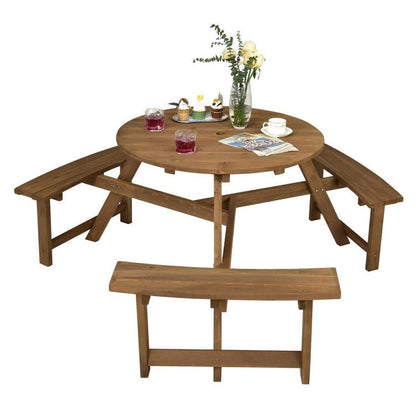 Outdoor Solid Wood Round Picnic Table Set with Umbrella Hole and 3 Benches - Tampa Home & Garden Store