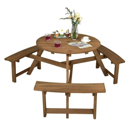 Outdoor Solid Wood Round Picnic Table Set with Umbrella Hole and 3 Benches - Tampa Home & Garden Store