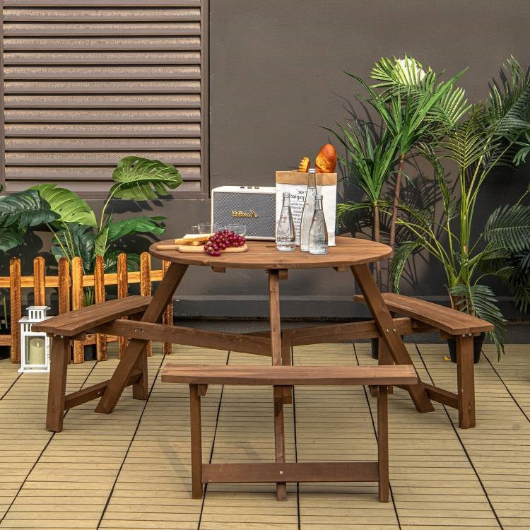 Outdoor Solid Wood Round Picnic Table Set with Umbrella Hole and 3 Benches - Tampa Home & Garden Store