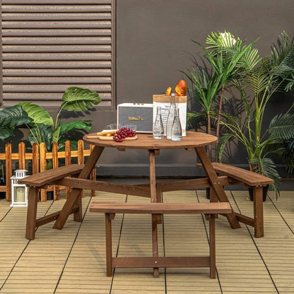 Outdoor Solid Wood Round Picnic Table Set with Umbrella Hole and 3 Benches - Tampa Home & Garden Store