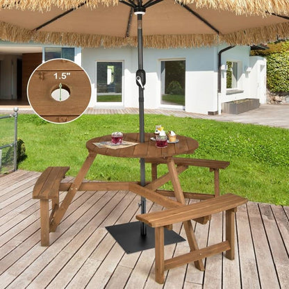 Outdoor Solid Wood Round Picnic Table Set with Umbrella Hole and 3 Benches - Tampa Home & Garden Store