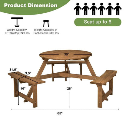 Outdoor Solid Wood Round Picnic Table Set with Umbrella Hole and 3 Benches - Tampa Home & Garden Store