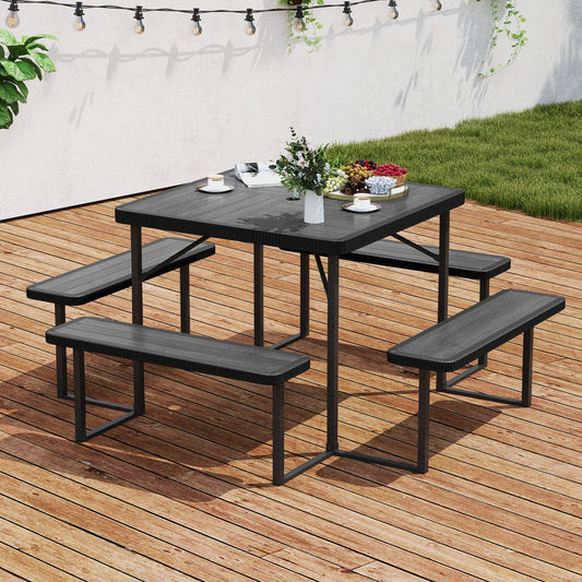 Outdoor Square Picnic Table Bench Set for 4-8 People with Umbrella Hole-Black - Tampa Home & Garden Store