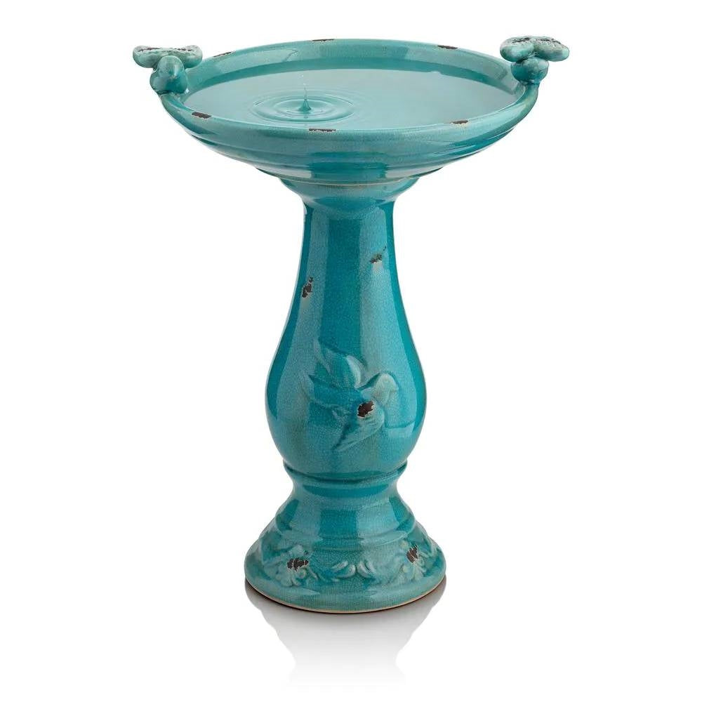 Outdoor Turquoise Blue Ceramic Birdbath - Tampa Home & Garden Store