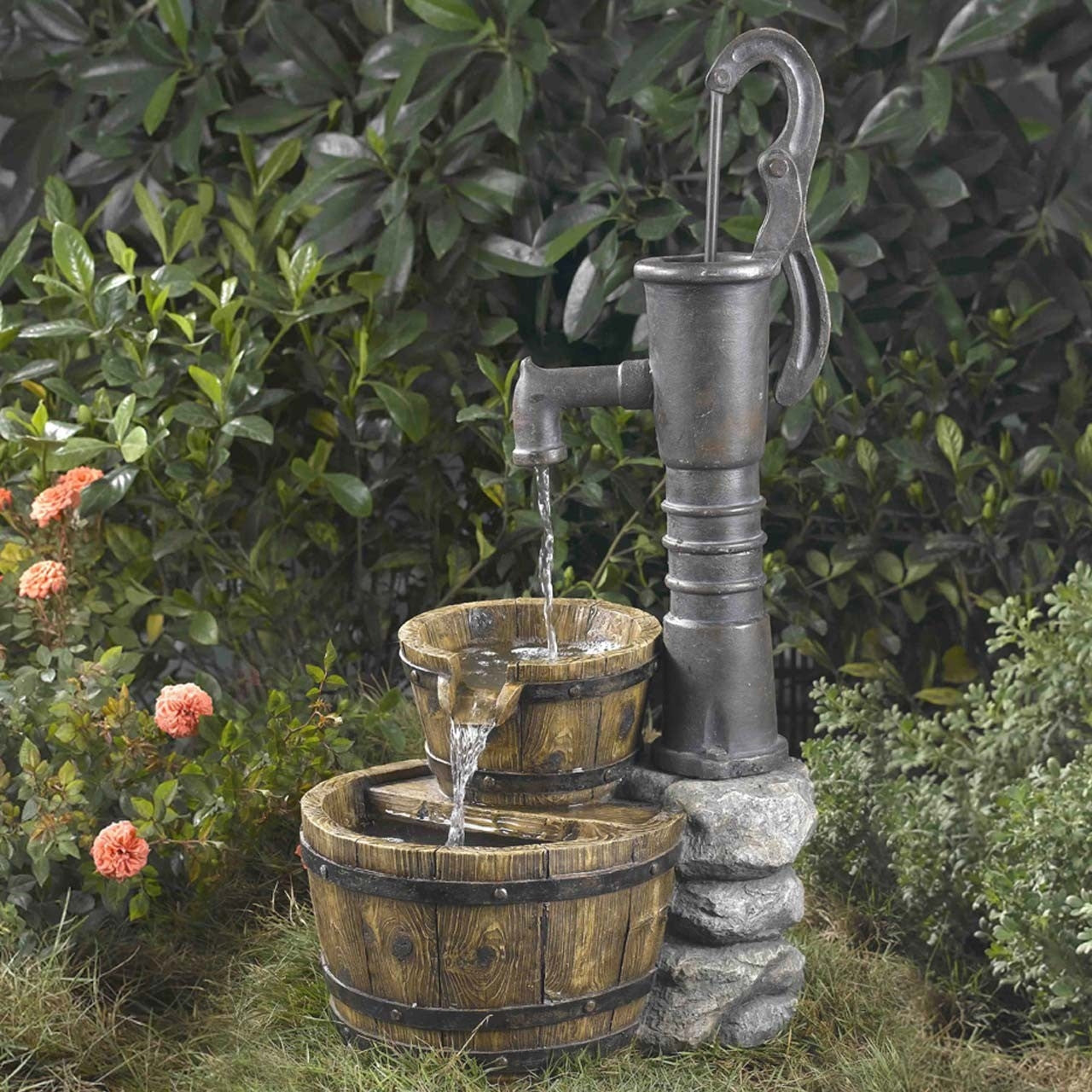 Outdoor Water Pump Half Whiskey Barrel Style Water Fountain - Tampa Home & Garden Store