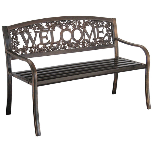 Outdoor Weather Resistant Metal Garden Bench with Welcome Floral Back - Tampa Home & Garden Store