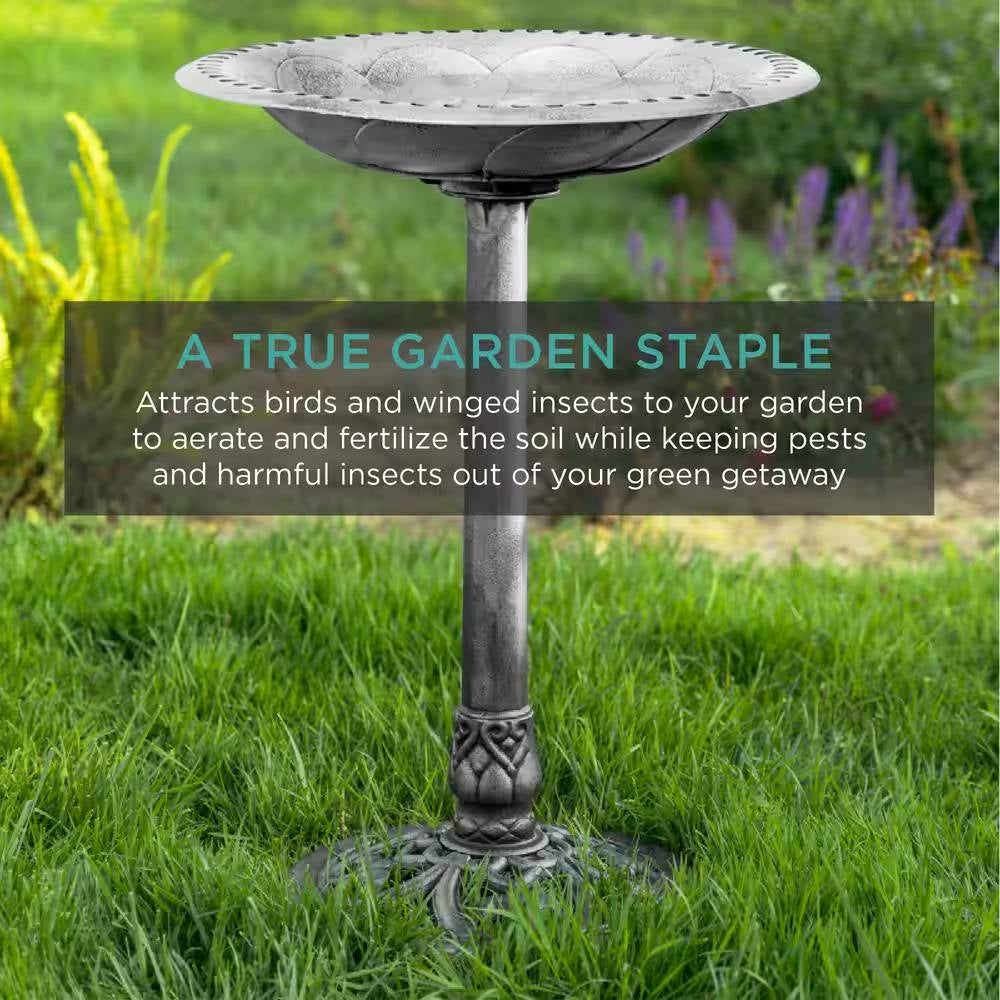 Outdoor Weather Resistant Polyresin Bird Bath in Rustic Aged Silver Finish - Tampa Home & Garden Store