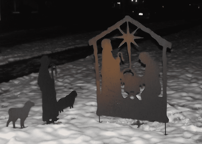 Nativity Scene Outdoor metal silhouette Rustica Ornamentals Christmas decor with star on snow on Tampa Home & Garden Store