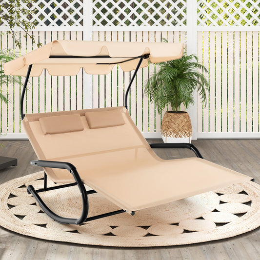 Outdoor 2 Persons Rocking Chaise Lounge with Canopy and Wheels-Beige - Tampa Home & Garden Store