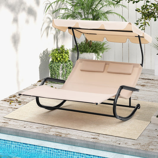 Outdoor 2 Persons Rocking Chaise Lounge with Canopy and Wheels-Beige - Tampa Home & Garden Store