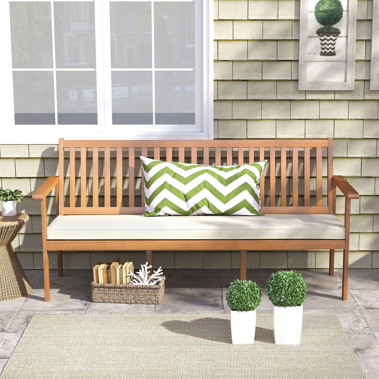 Outdoor 3-Seat Wood Bench with Seat Cushion and Slatted Seat-White - Tampa Home & Garden Store