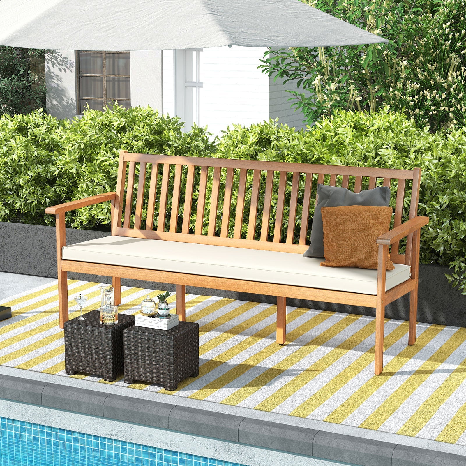 Outdoor 3-Seat Wood Bench with Seat Cushion and Slatted Seat-White - Tampa Home & Garden Store