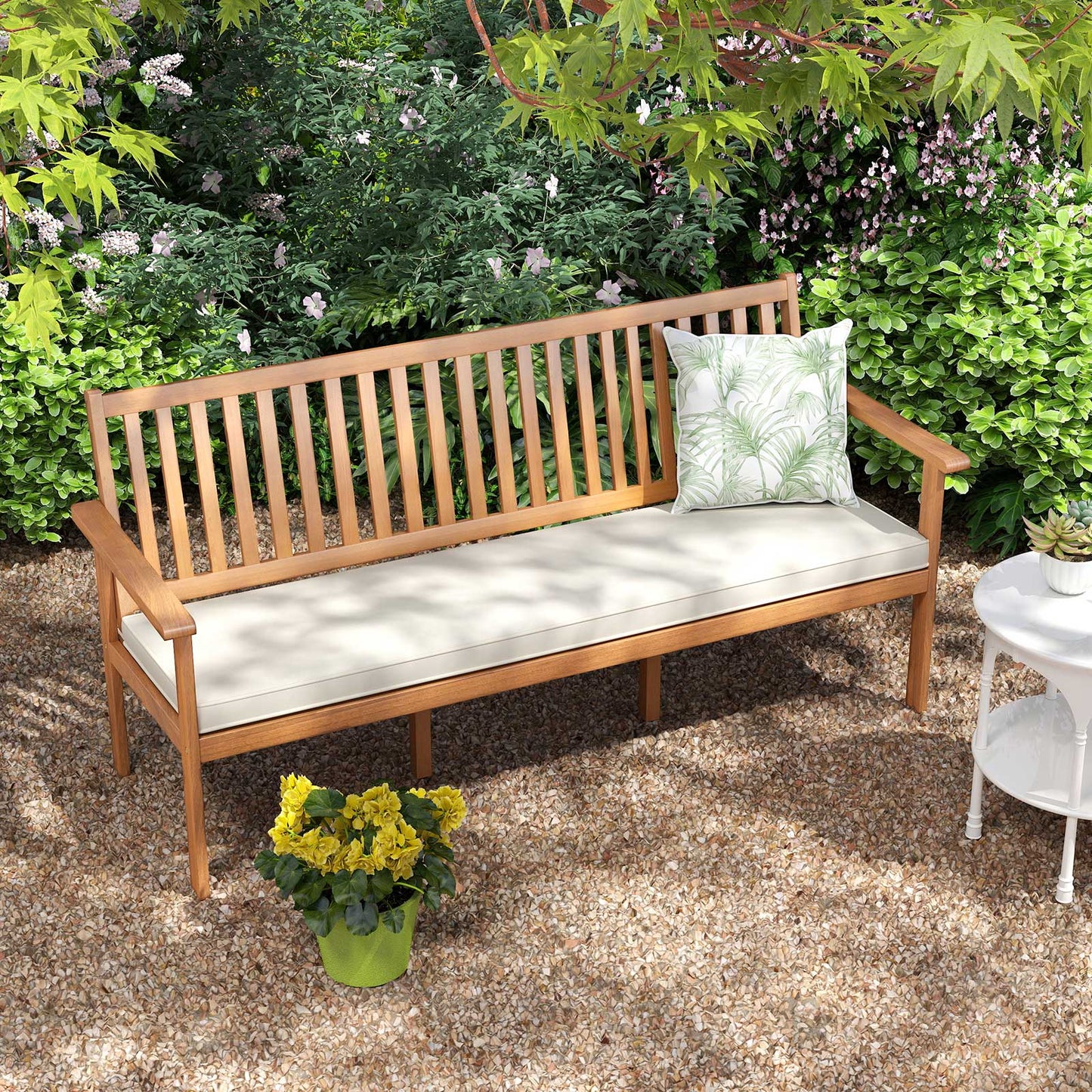 Outdoor 3-Seat Wood Bench with Seat Cushion and Slatted Seat-White - Tampa Home & Garden Store
